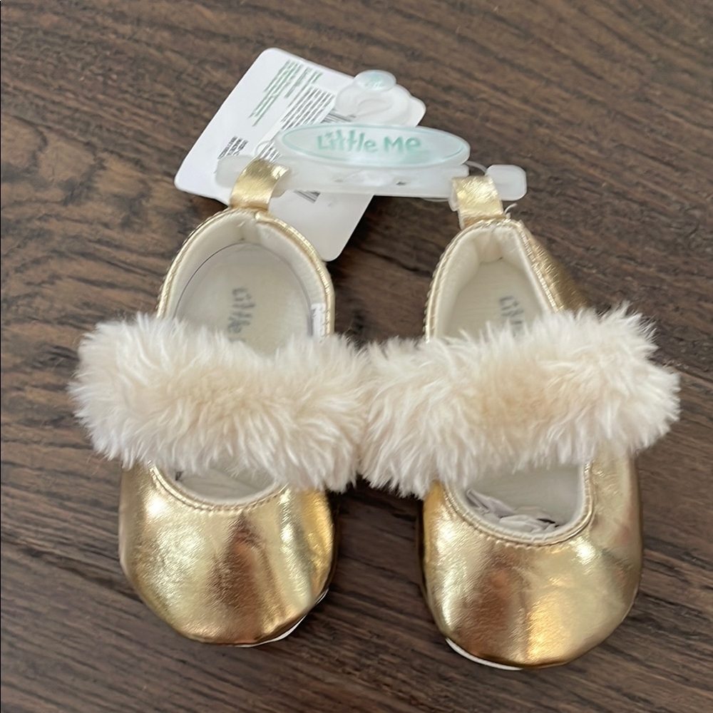 Little Me Gold and Cream Dress Shoes with Plush Faux Fur